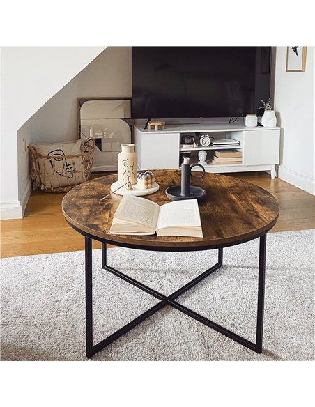 HOMCOM Round Coffee Table, Industrial Side Table with Metal Frame, Large Coffee Tables for Living Room, Bedroom, Rustic Brown