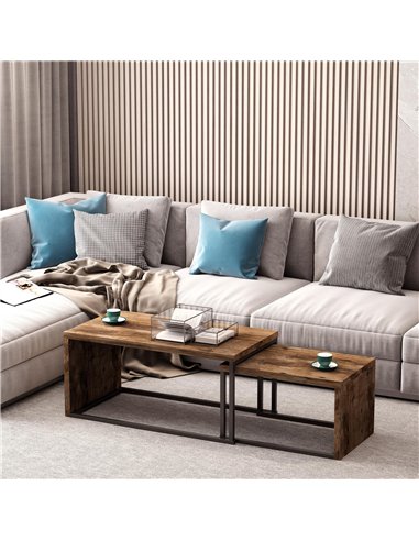 HOMCOM Coffee Tables Set of 2, Industrial Nest of Tables with Metal Frame for Living Room Bedroom, Rustic Brown