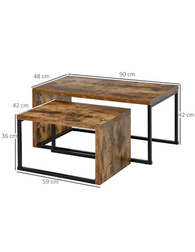 HOMCOM Coffee Tables Set of 2, Industrial Nest of Tables with Metal Frame for Living Room Bedroom, Rustic Brown