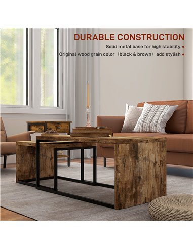 HOMCOM Coffee Tables Set of 2, Industrial Nest of Tables with Metal Frame for Living Room Bedroom, Rustic Brown