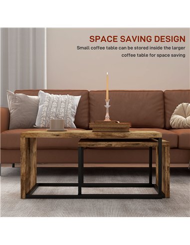 HOMCOM Coffee Tables Set of 2, Industrial Nest of Tables with Metal Frame for Living Room Bedroom, Rustic Brown