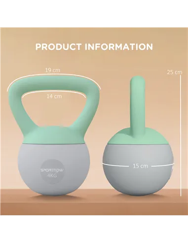 SPORTNOW 2 x 4kg Soft Kettlebell, Kettle Bell with Non-Slip Handle, for Home Gym, Strength Training, Cardio - Grey and Green