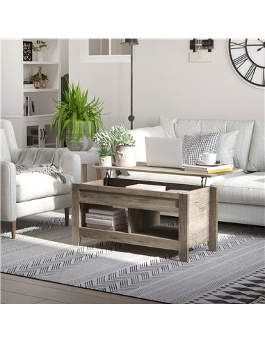 HOMCOM Lift Top Coffee Table w/ Hidden Storage Compartment Open Shelves Lift Tabletop Pop Up Centre Table for Living Room Oak Ef