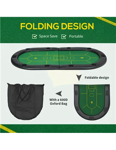 SPORTNOW Foldable Poker Mat, 10-Player Table Top with Cup Holder, Carry Bag - Green