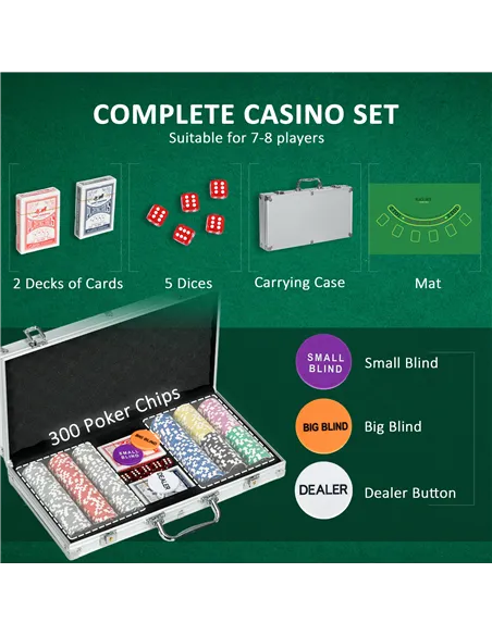 SPORTNOW 300-Piece Poker Chips Set, Poker Set with Mat, Chips, Two Card Decks, Dealer, Five Dices