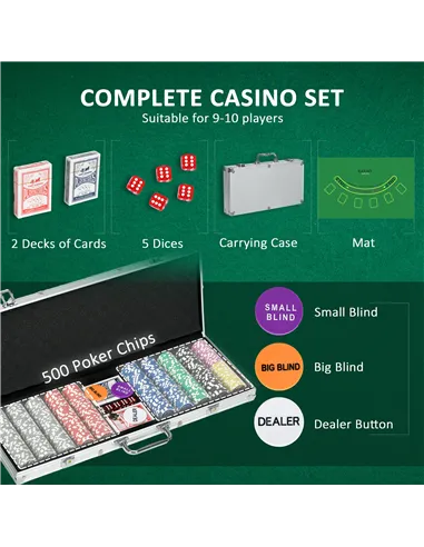 SPORTNOW 500-Piece Poker Chips Set, Poker Set with Mat, Chips, Two Card Decks, Dealer, Five Dices