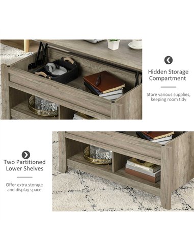 HOMCOM Lift Top Coffee Table w/ Hidden Storage Compartment Open Shelves Lift Tabletop Pop Up Centre Table for Living Room Oak Ef