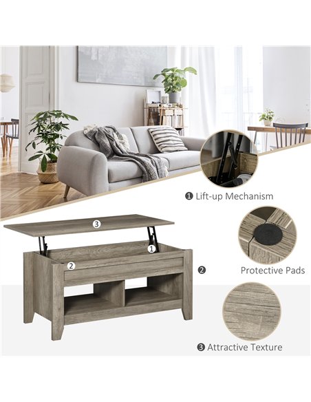 HOMCOM Lift Top Coffee Table w/ Hidden Storage Compartment Open Shelves Lift Tabletop Pop Up Centre Table for Living Room Oak Ef