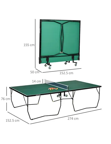 SPORTNOW 9FT Folding Tennis Table, with 8 Wheels, for Indoor Use, Green