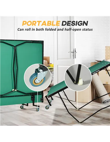 SPORTNOW 9FT Folding Tennis Table, with 8 Wheels, for Indoor Use, Green