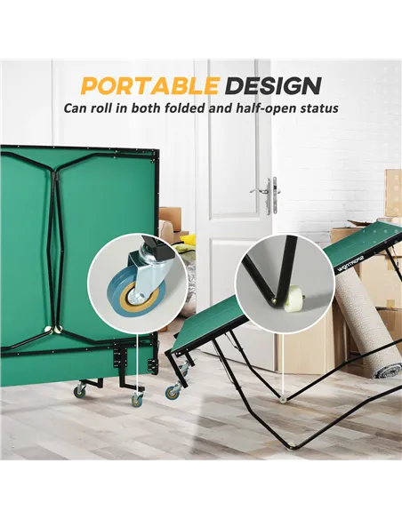 SPORTNOW 9FT Folding Tennis Table, with 8 Wheels, for Indoor Use, Green