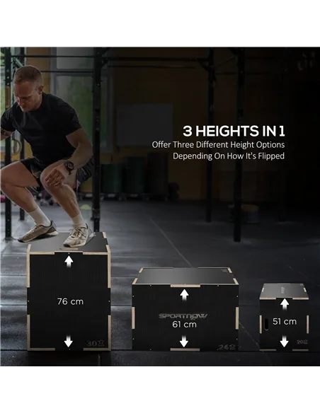 SPORTNOW Multi-Faceted Jump Box, Wooden Step Up Box, for Home, Gym, Exercise, 51/61/76cm- Black