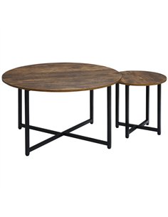 HOMCOM Round Coffee Table, Set of 2 Side Table with Metal Frame, Industrial End Table for Living Room Bedroom, Rustic Brown