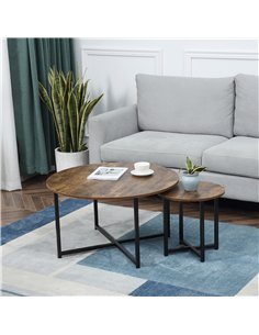 HOMCOM Round Coffee Table, Set of 2 Side Table with Metal Frame, Industrial End Table for Living Room Bedroom, Rustic Brown 2