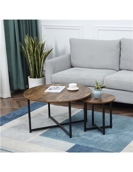 HOMCOM Round Coffee Table, Set of 2 Side Table with Metal Frame, Industrial End Table for Living Room Bedroom, Rustic Brown