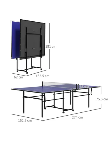 SPORTNOW 9FT Folding Table Tennis Table with Four Wheels, for Indoor Use, Blue