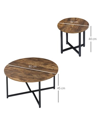 HOMCOM Round Coffee Table, Set of 2 Side Table with Metal Frame, Industrial End Table for Living Room Bedroom, Rustic Brown