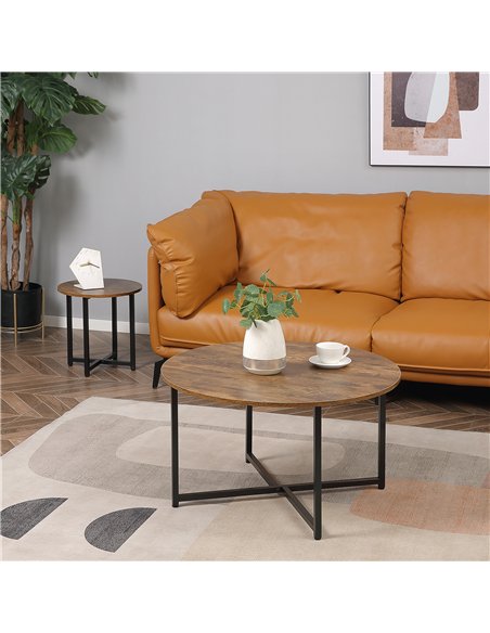 HOMCOM Round Coffee Table, Set of 2 Side Table with Metal Frame, Industrial End Table for Living Room Bedroom, Rustic Brown