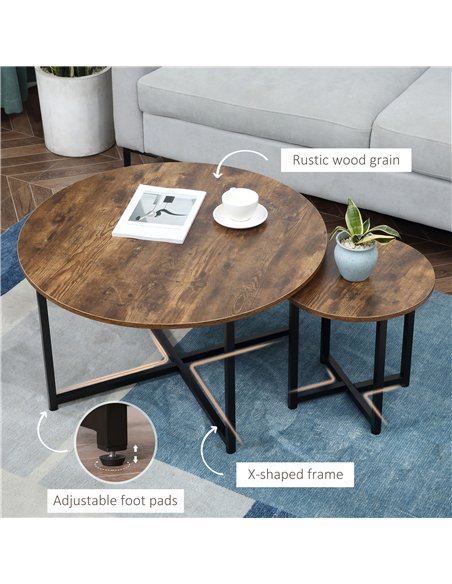 HOMCOM Round Coffee Table, Set of 2 Side Table with Metal Frame, Industrial End Table for Living Room Bedroom, Rustic Brown