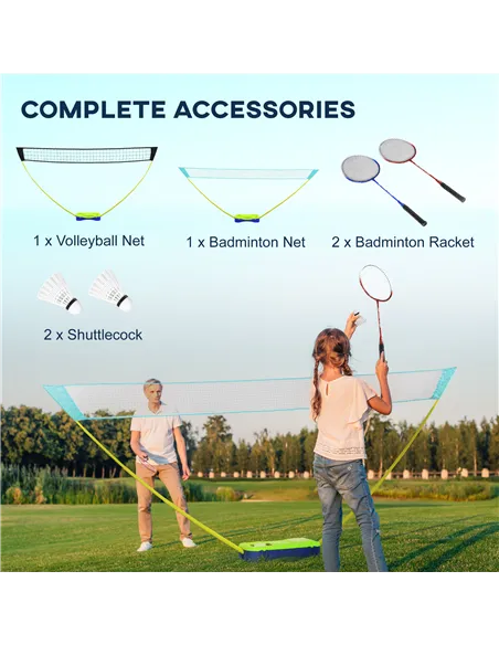 SPORTNOW Portable Badminton Net Set w/ Volleyball Net, Rackets, Shuttlecocks