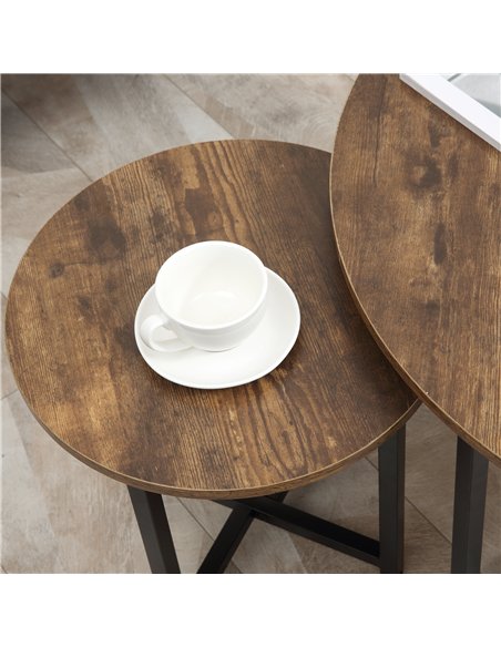 HOMCOM Round Coffee Table, Set of 2 Side Table with Metal Frame, Industrial End Table for Living Room Bedroom, Rustic Brown