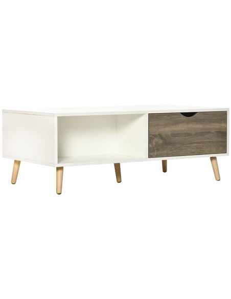 HOMCOM Coffee Table, Modern Tea Table with Open Storage Shelves, Two Drawers and Solid Wood Legs, Coffee Tables for Living Room,