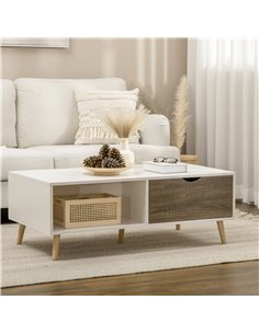 HOMCOM Coffee Table, Modern Tea Table with Open Storage Shelves, Two Drawers and Solid Wood Legs, Coffee Tables for Living Room, 2