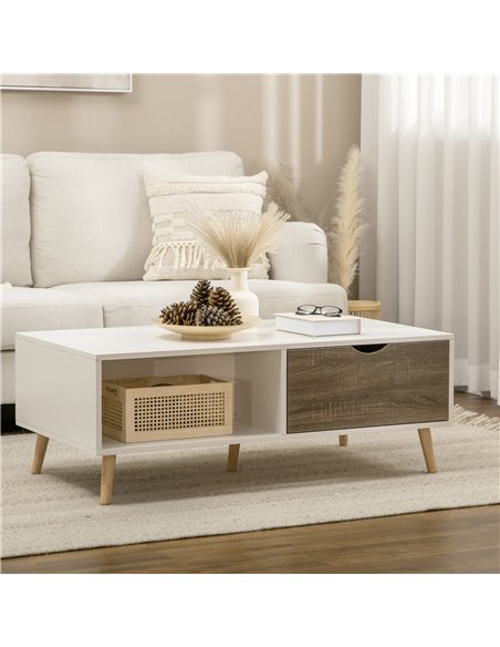 HOMCOM Coffee Table, Modern Tea Table with Open Storage Shelves, Two Drawers and Solid Wood Legs, Coffee Tables for Living Room,