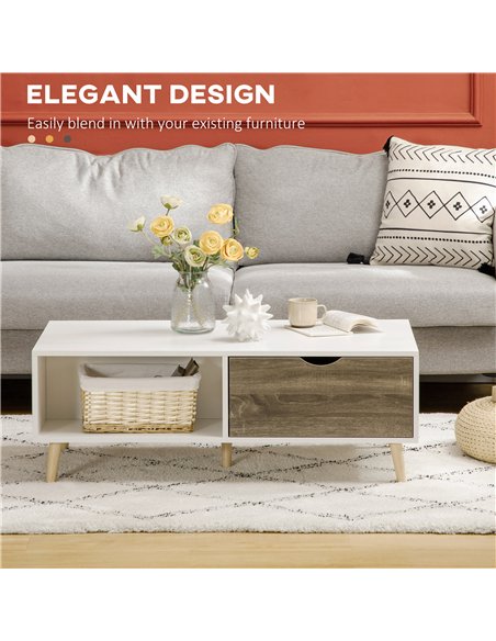 HOMCOM Coffee Table, Modern Tea Table with Open Storage Shelves, Two Drawers and Solid Wood Legs, Coffee Tables for Living Room,