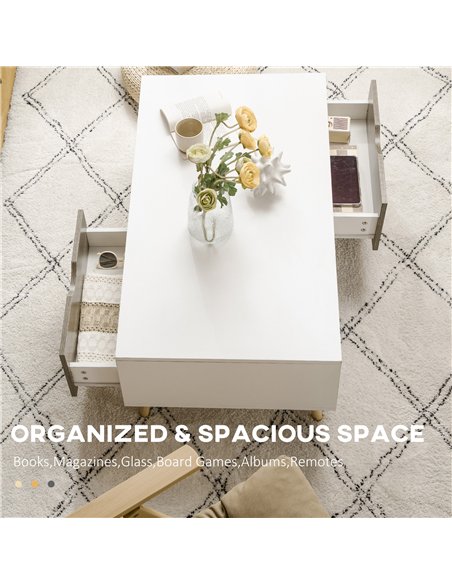 HOMCOM Coffee Table, Modern Tea Table with Open Storage Shelves, Two Drawers and Solid Wood Legs, Coffee Tables for Living Room,