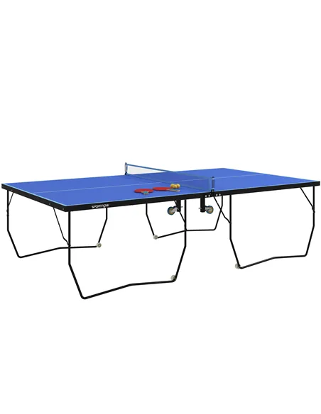 SPORTNOW 9FT Folding Tennis Table, with 8 Wheels, for Indoor Use, Blue