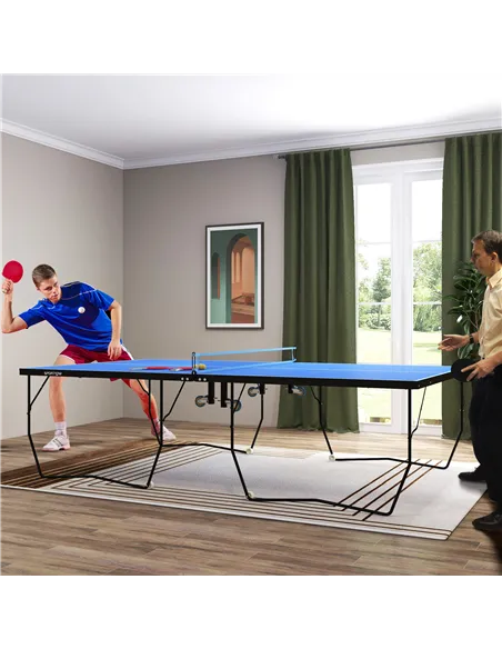 SPORTNOW 9FT Folding Tennis Table, with 8 Wheels, for Indoor Use, Blue