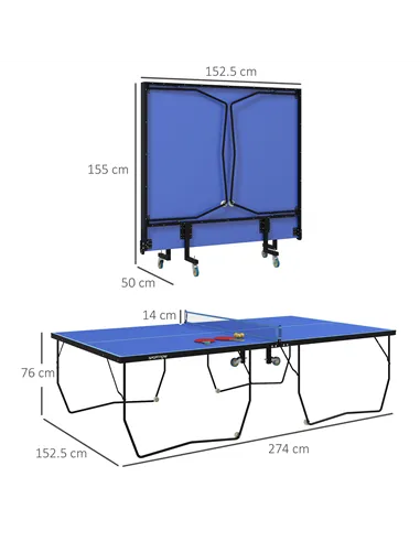 SPORTNOW 9FT Folding Tennis Table, with 8 Wheels, for Indoor Use, Blue