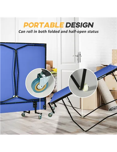 SPORTNOW 9FT Folding Tennis Table, with 8 Wheels, for Indoor Use, Blue