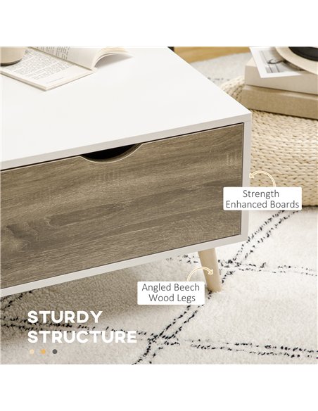 HOMCOM Coffee Table, Modern Tea Table with Open Storage Shelves, Two Drawers and Solid Wood Legs, Coffee Tables for Living Room,
