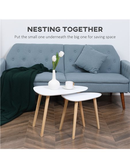 HOMCOM Nesting Coffee Table, Set of 2 Side Tables, Stacking End Tables with Solid Wood Legs, for Living Room Bedroom, White