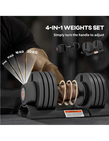 SPORTNOW 2 x 20KG Adjustable Dumbbells Set, 4-in-1 Weights Set with Storage Tray and Non-Slip Handle, Home Gym Fitness Equipment
