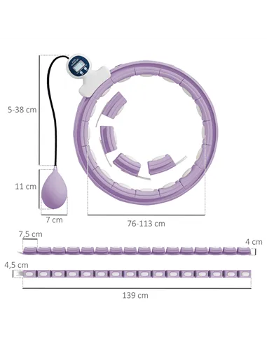SPORTNOW Smart Weighted Hula Hoop, Massage Hula Ring w/ 16 Detachable Knots, 360° Auto-Rotating Ball, Digital Counter, Purple