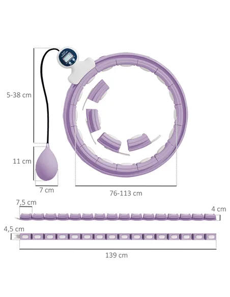 SPORTNOW Smart Weighted Hula Hoop, Massage Hula Ring w/ 16 Detachable Knots, 360° Auto-Rotating Ball, Digital Counter, Purple