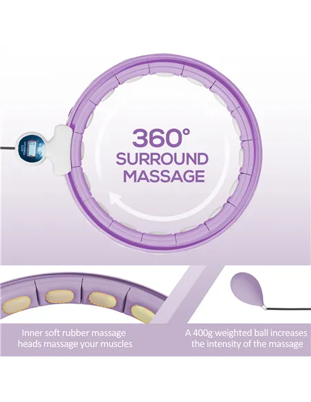 SPORTNOW Smart Weighted Hula Hoop, Massage Hula Ring w/ 16 Detachable Knots, 360° Auto-Rotating Ball, Digital Counter, Purple