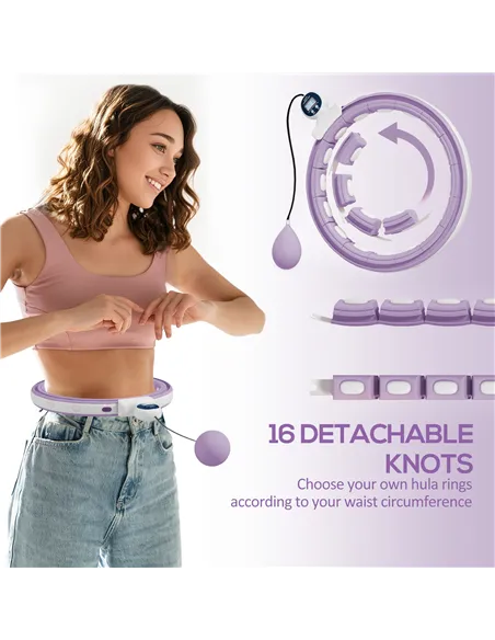 SPORTNOW Smart Weighted Hula Hoop, Massage Hula Ring w/ 16 Detachable Knots, 360° Auto-Rotating Ball, Digital Counter, Purple