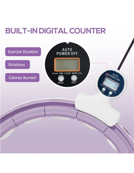 SPORTNOW Smart Weighted Hula Hoop, Massage Hula Ring w/ 16 Detachable Knots, 360° Auto-Rotating Ball, Digital Counter, Purple