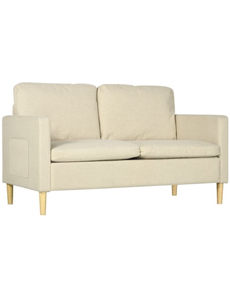 HOMCOM Two Seater Sofa for Living Room, Modern Fabric Couch with Wood Legs and 2 Pockets for Bedroom and Home Office, Beige