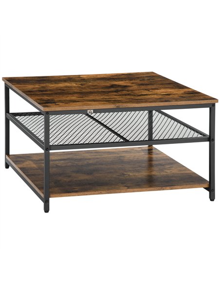 HOMCOM Coffee Table, Living Room Table with 3-Tier Storage Shelves, Square Tea Table for Home Office, Rustic Brown
