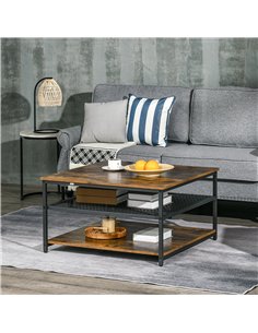 HOMCOM Coffee Table, Living Room Table with 3-Tier Storage Shelves, Square Tea Table for Home Office, Rustic Brown 2