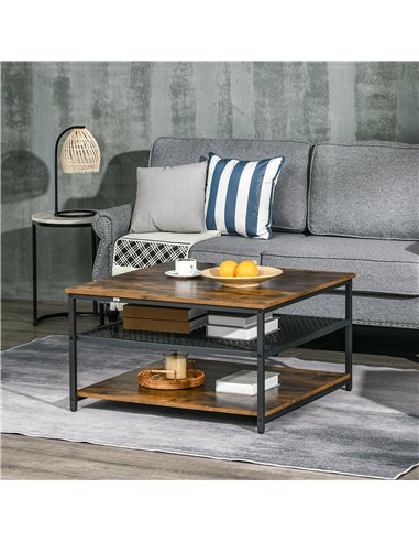 HOMCOM Coffee Table, Living Room Table with 3-Tier Storage Shelves, Square Tea Table for Home Office, Rustic Brown