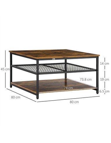 HOMCOM Coffee Table, Living Room Table with 3-Tier Storage Shelves, Square Tea Table for Home Office, Rustic Brown