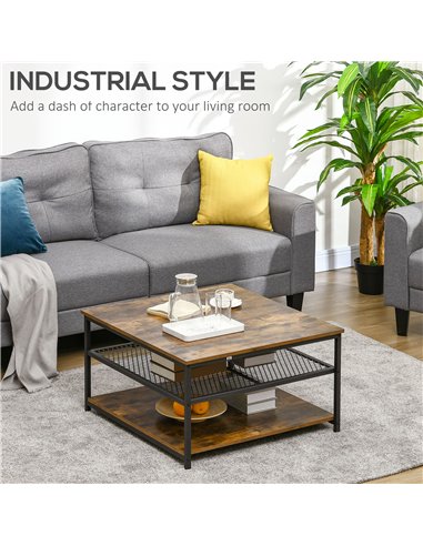 HOMCOM Coffee Table, Living Room Table with 3-Tier Storage Shelves, Square Tea Table for Home Office, Rustic Brown