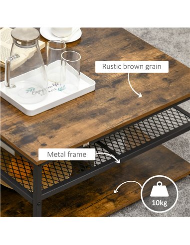 HOMCOM Coffee Table, Living Room Table with 3-Tier Storage Shelves, Square Tea Table for Home Office, Rustic Brown