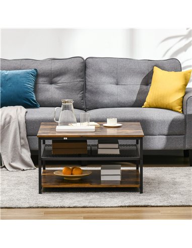 HOMCOM Coffee Table, Living Room Table with 3-Tier Storage Shelves, Square Tea Table for Home Office, Rustic Brown